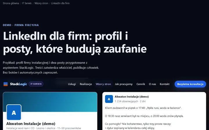 LinkedIn für Unternehmen: Beispielprofil und Beitrag (fiktives Unternehmen) (Demodaten)