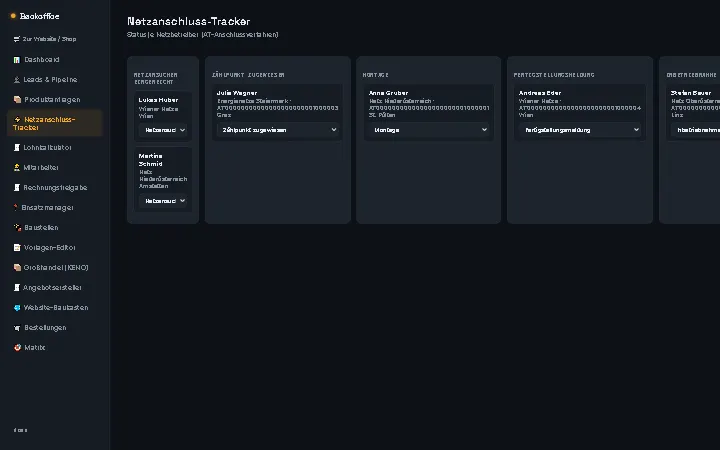 System CRM/ERP dla firmy PV: tablica przyłączeń do sieci u operatorów w Austrii (dane demonstracyjne)